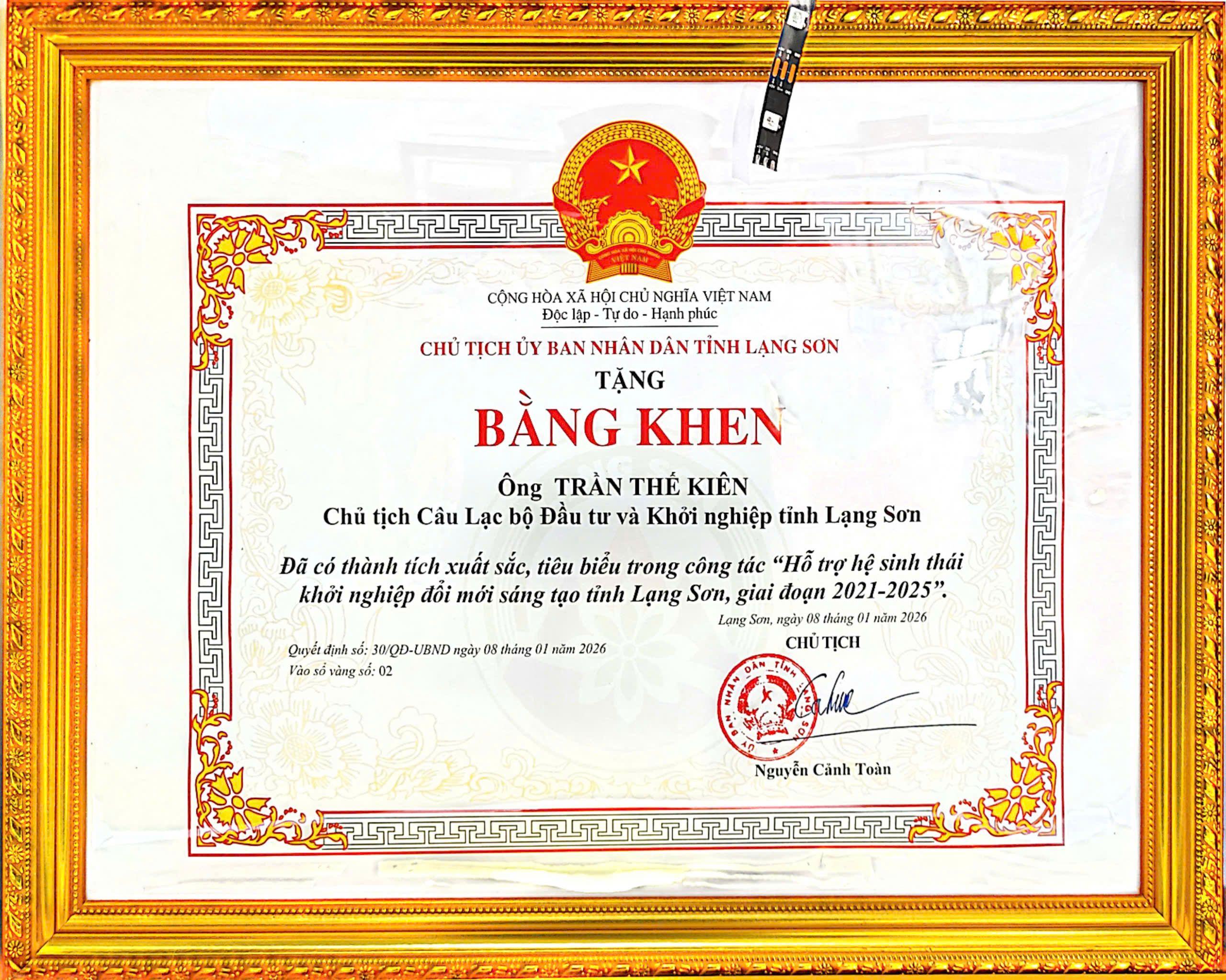 Bằng khen của UBND tỉnh Lạng Sơn