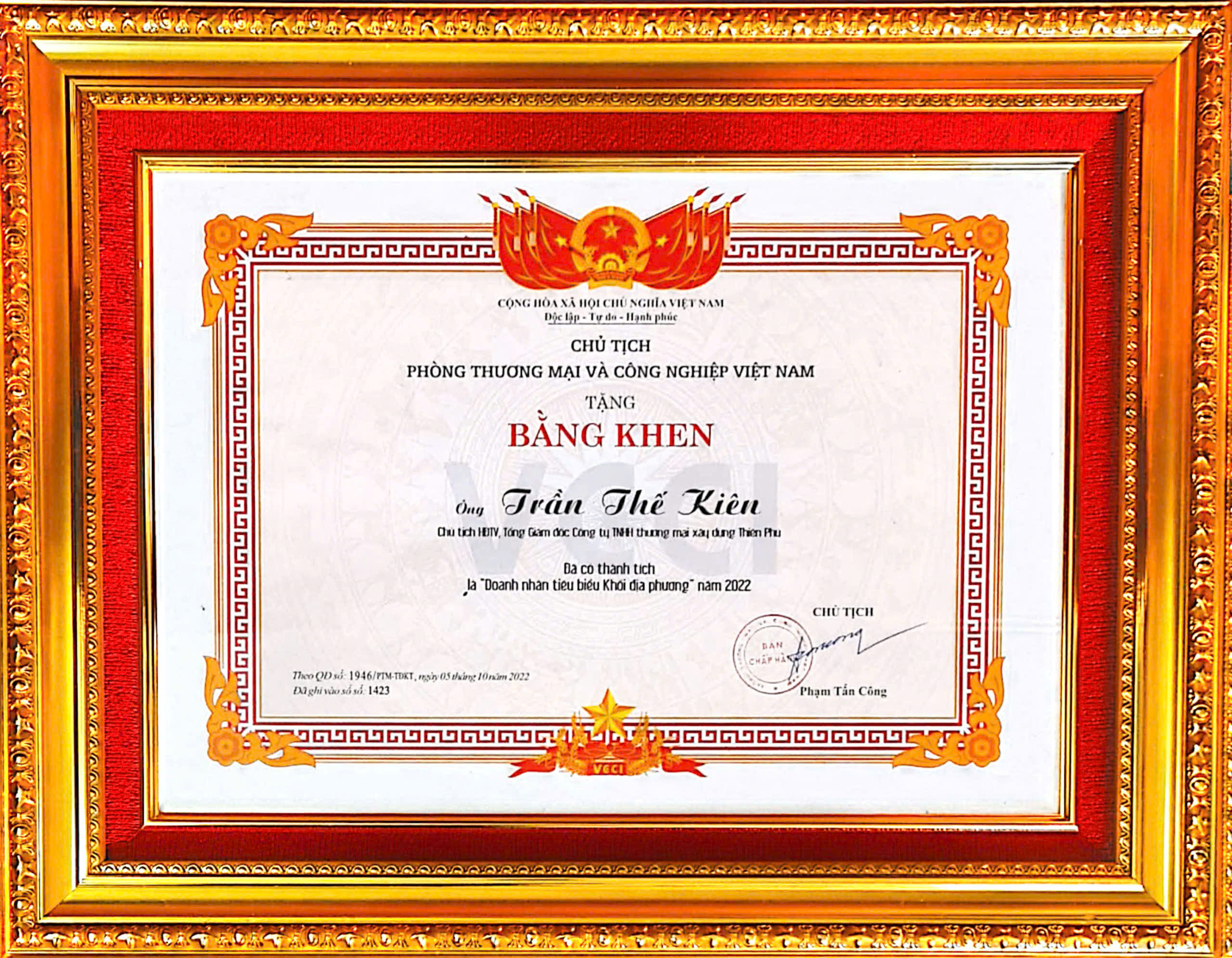 Bằng khen Phòng Thương mại và Công nghiệp Việt Nam
