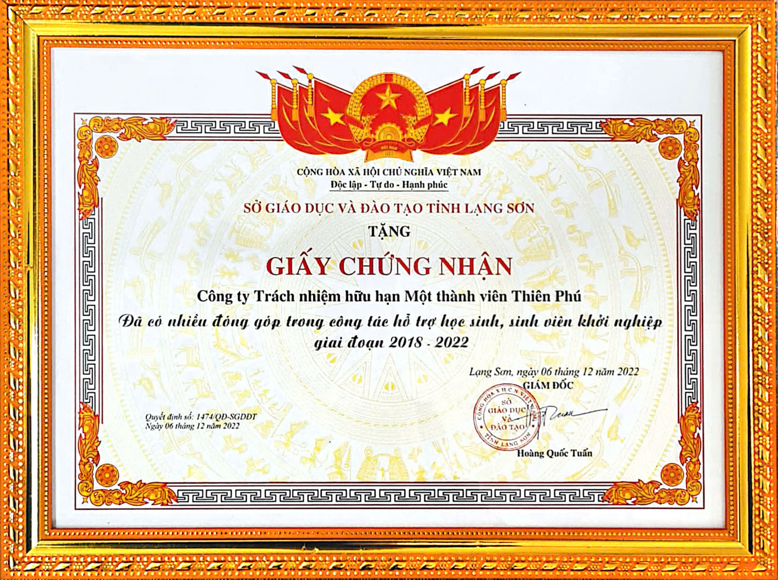 Giấy chứng nhận của Sở GD&ĐT tỉnh Lạng Sơn